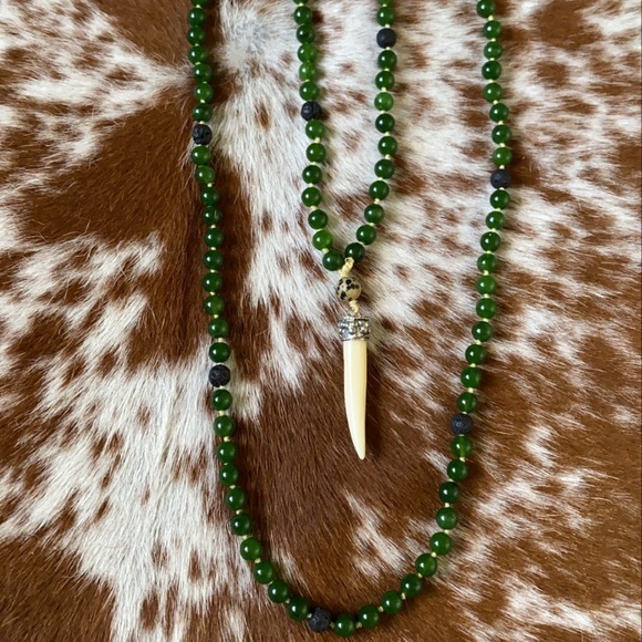 Jade with Lava Beads and bone charm Necklace - Picture 8 of 13